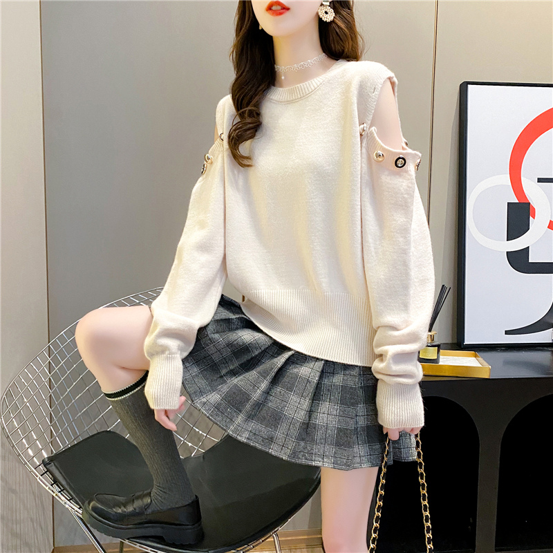 Early autumn careful machine dew shoulder sweater women's sleeve head 2022 Korean version college wind pure color 100 lap blouses undershirt harbor wind 