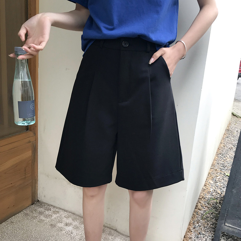 Hong Kong-style suit five-point pants women's loose straight casual slim shorts 2022 new all-match high waist wide-leg pants