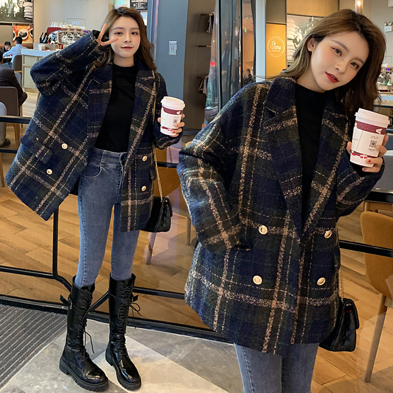 Large size women's autumn clothes fat mm top coat 2022 new spring and autumn fashion trend plaid suit woolen coat