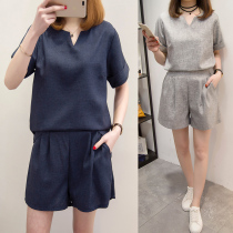 Large size womens two-piece suit Korean casual shorts 2021 new fat mm summer dress thin belly cover-up top