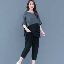 Large size womens summer fashion two-piece suit casual sports 2021 new fat mm belly cover top hidden meat