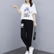 Large size womens summer two-piece suit loose sports casual pants fat mm thin 2021 new short-sleeved T-shirt