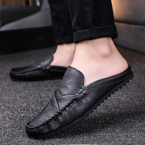 Summer Bean shoes Mens heel Semi-tugging mens casual leather shoes Mens sloth shoes One foot pedal Korean version of the foot shoe male