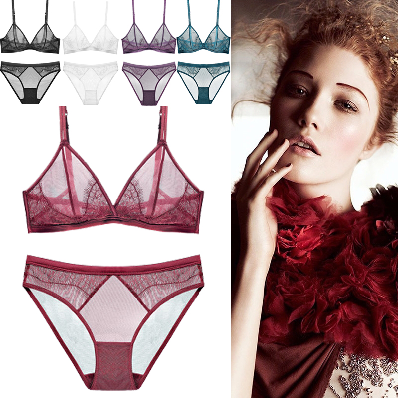 Summer ultra-thin bra no rims No sponge bra Thin mold cup gathered large size underwear underwear set