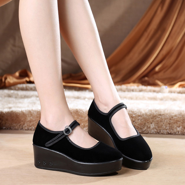 Fulaihong ເກີບຜ້າປັກກິ່ງເກົ່າເກີບແມ່ຍິງເກີບດຽວເກີບ wedge heel ຫນາ sole ໂຮງແຮມເຮັດວຽກເກີບເຕັ້ນລໍາເກີບ heel ສີດໍາເກີບຜ້າ