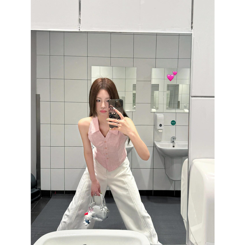 Female Pilot Korean Sweet and Spicy Style Polo Collar Sleeveless Vest for Women 2025 Slim Fit Elegant Pink Top