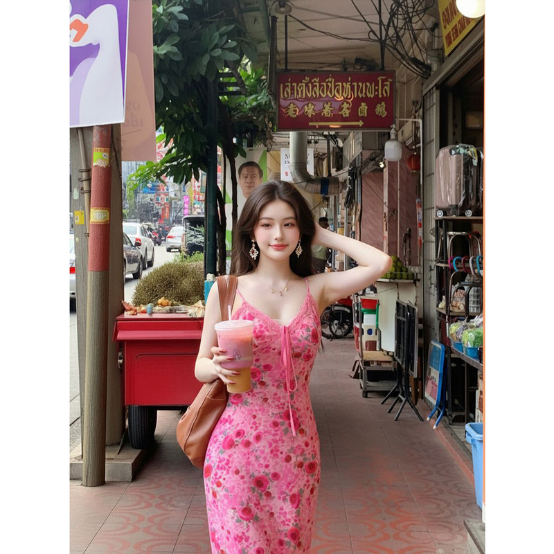Femalepilot【Pink Mist Rose】Pink Floral Suspender Dress for Women, Summer Elegant Fishtail Long Dress