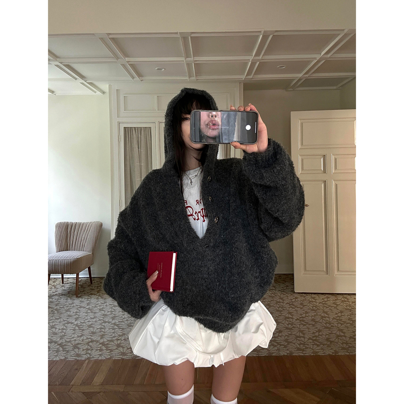 Femalepilot Gray High-End V Neck Pullover Sweater for Women Casual Thickeneded Knitted Hooded Jacket Top