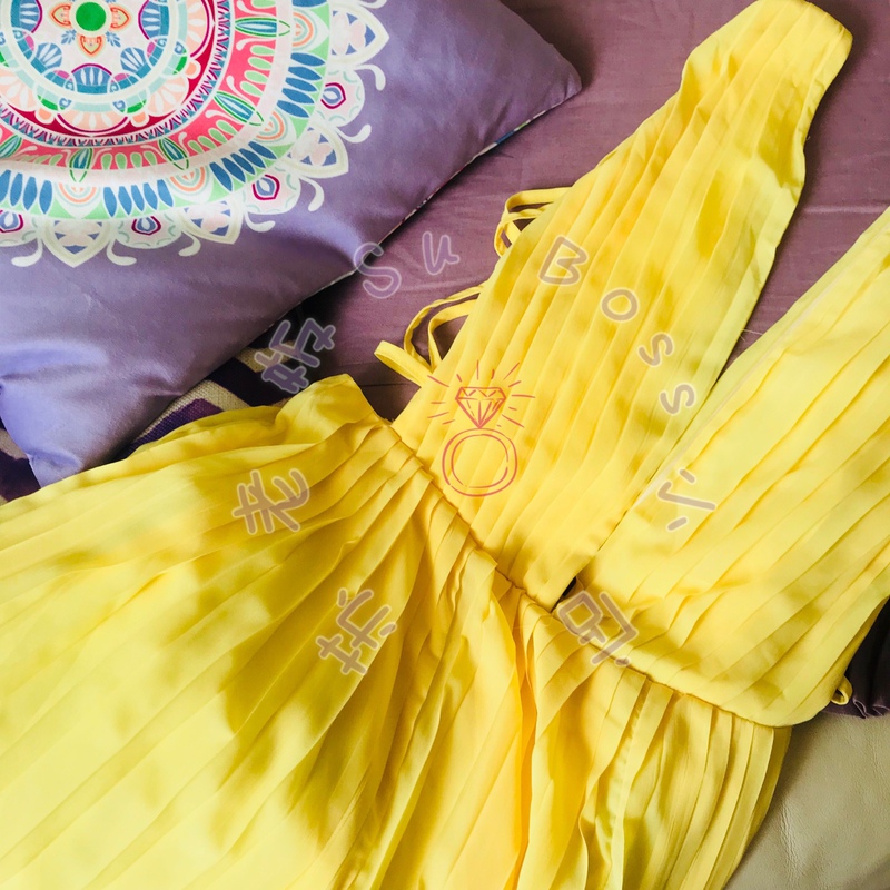 British Niche Brand Boohoo Yellow Pleated Greek-Style Goddess Backless Holiday Slit Long Dress Gown