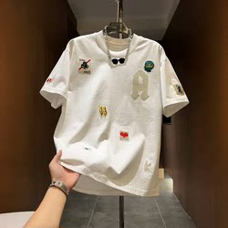 Summer New Fashion Versatile Simple Cool Letter Embroidery T-Shirt Men's Round Neck Half-Sleeve Short-Sleeve Stylish Top