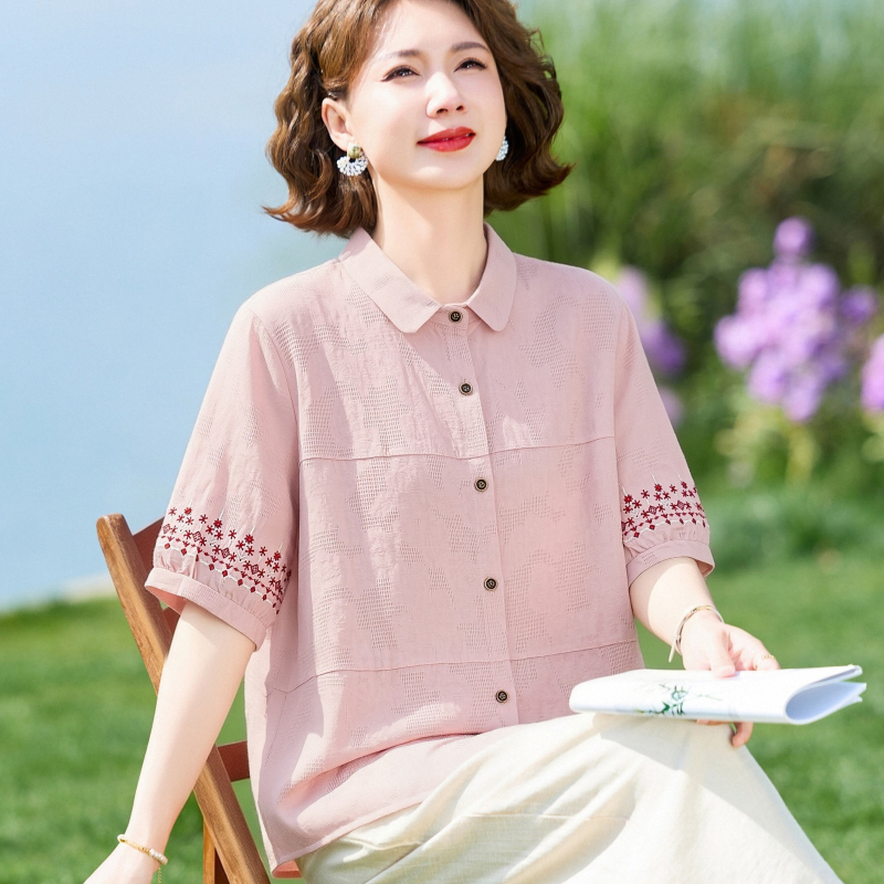 Summer Artistic Style Pure Cotton Short-Sleeved Shirt Set, Middle-Aged Mother's Clothing, Stylish and Age-Reducing, Plus-Size Shirt for Women