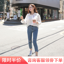 The hole# Joker womens pants# Hong Kong flavor retro chic Harajuku wind on the new straight tube high-waisted students nine-point denim pants