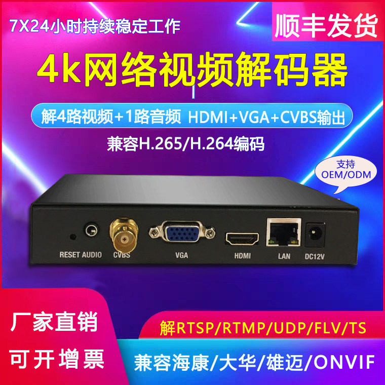 Quad SRT RTMP HTTP RTSP ONVIF Network Audio and Video Decoder Network to HDMI VGA