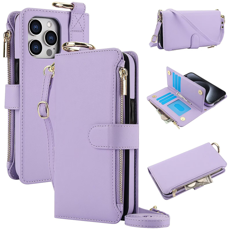 Solid Color Ring Multi-Functional Wallet Suitable for iPhone 17 Air/16/15/14/13/12 Pro Max Crossbody Apple 11/Xr/Xs Max Flip Phone Case Leather Cover 7/8 Plus