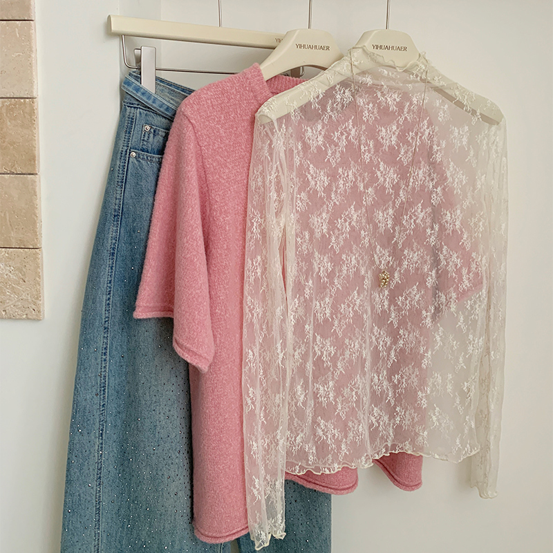 Korean Style 2026 Early Spring New Gentle Apricot Lace Layered Lace Blouse Long-Sleeved Sheer Hollow-Out Top Base Shirt