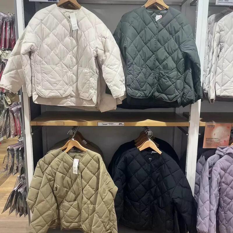 Japanese-Style Women's Diamond-Patterned Cotton Casual Jacket, Round-Neck Loose Lightweight Cotton Jacket Coat 469864