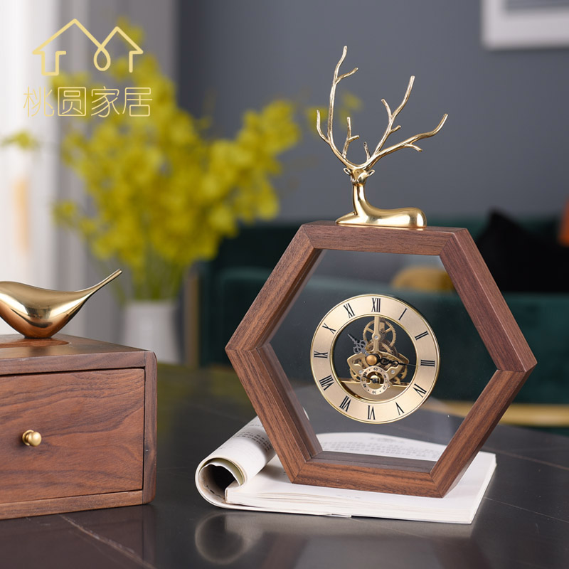 American light luxury bronze deer solid wood clock swing piece living room bedroom black walnut wood desktop and watch creative home bell