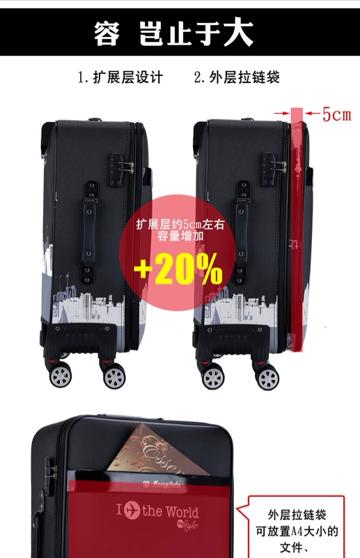 Sinh viên phiên bản tiếng Hàn của vỏ xe đẩy phổ quát 24 inch nam và nữ hành lý 26 inch vali công suất lớn 28 inch PU hành lý va li kéo