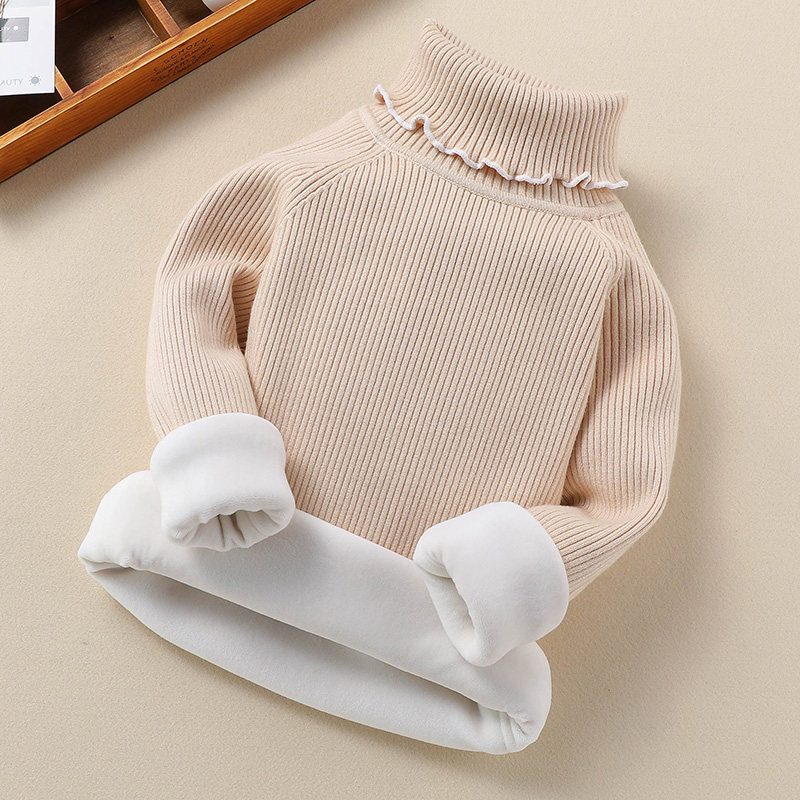 Girl High Collar Sweater 2023 Autumn Winter New Children Plus Suede Thickened Undershirt Girl Foreign Piste Cardiovert Knitwear-Taobao