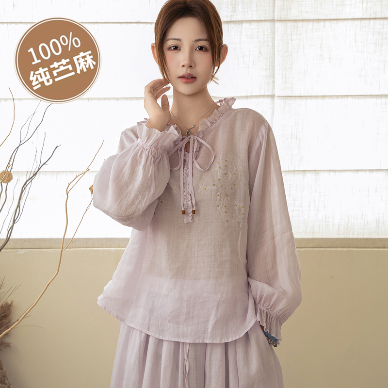 Ruffled Lace-Up Embroidered Long-Sleeve Ramie Shirt for Women, Loose Linen Top, Thin Sun-Protective Linen Shirt for Spring and Summer