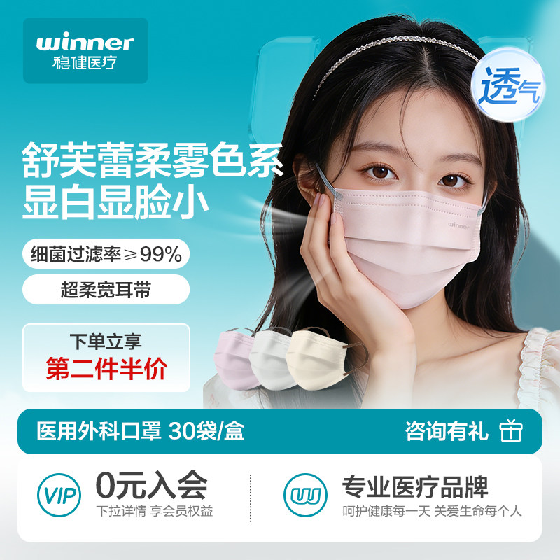 ウィナー医療用使い捨てサージカルマスク、高品質デザイン、通気性、滅菌済み、個包装、2026年新スタイル