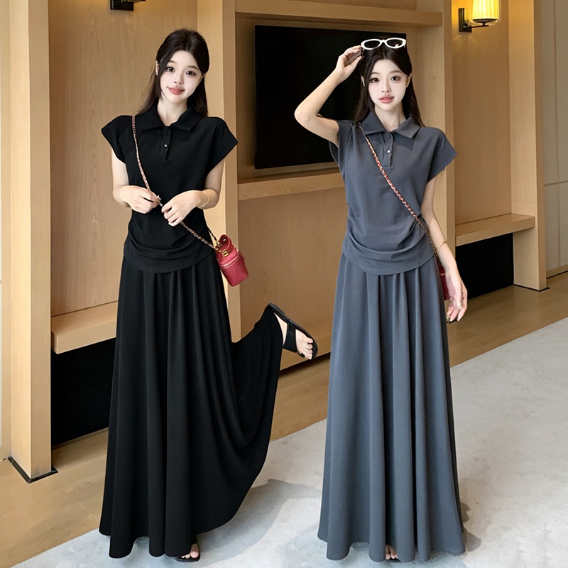 Breastfeeding Outfit for Going Out, Plus-Size Polo Collar Vest Top and Long Skirt, Slimming Style for Hot Moms, Two-Piece Set for Nursing Period