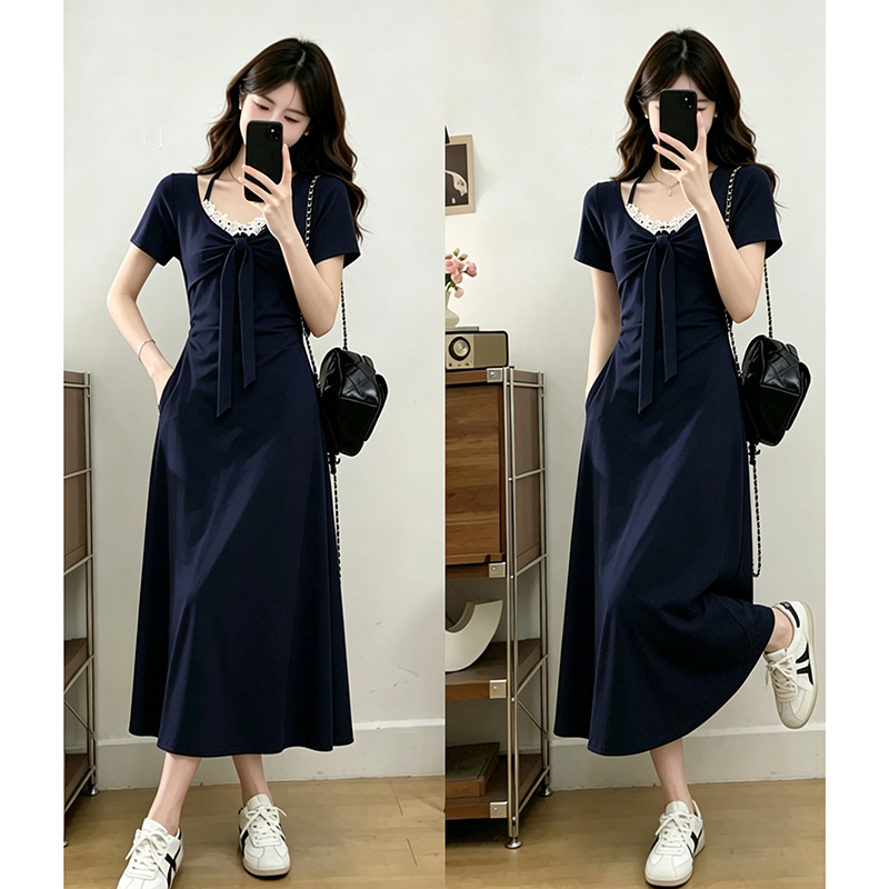 Nursing Dress, Summer Postpartum Plus Size Fake Two-Piece Lace Halter Neck Long Dress, Trendy Mom Style for Going Out, Waist-Cinching Nursing Clothes
