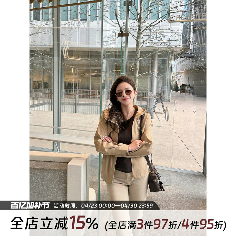 Junjun【Kendall Jenner Style】High-End and Elegant Waist-Cinching Hooded Windbreaker Spring Casual Jacket Coat