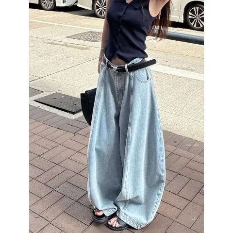 Design-Inspired American Retro Scimitar Jeans for Women, 2025 Summer New Style, Versatile Street Style, Loose-Fitting Wide-Leg Lantern Pants