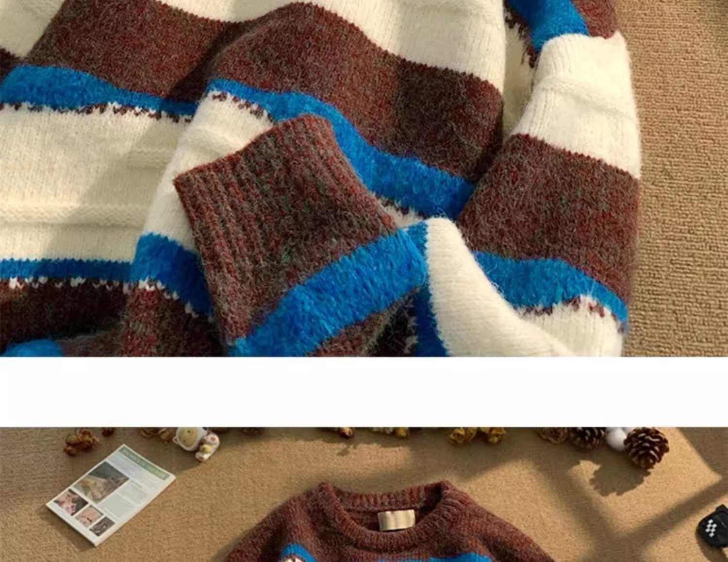 Minimalistischer Streifen-Pullover, vielseitig einsetzbar, Harajuku, lässige Strickmode, trendiger Hirschplüsch 610A-2-M23-P58_voghion.com