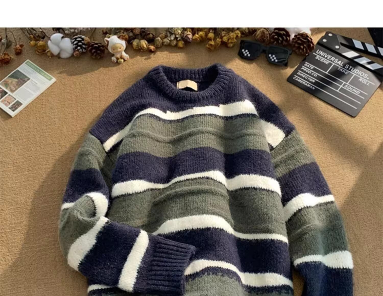 Minimalistischer Streifen-Pullover, vielseitig einsetzbar, Harajuku, lässige Strickmode, trendiger Hirschplüsch 610A-2-M23-P58_voghion.com