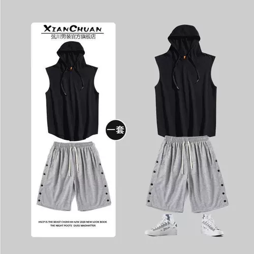 Летний комплект, толстовка с капюшоном без рукавов, жилет, спортивные шорты, штаны