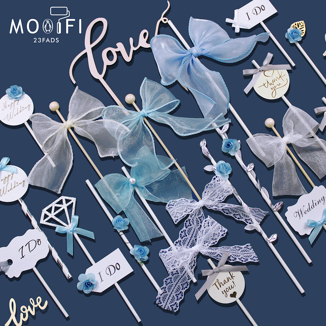 Foggy Haze Quiet Blue Morandi Blue White Wedding Birthday Party Fresh Dessert Terrace Decoration Cake Pudding Inserts