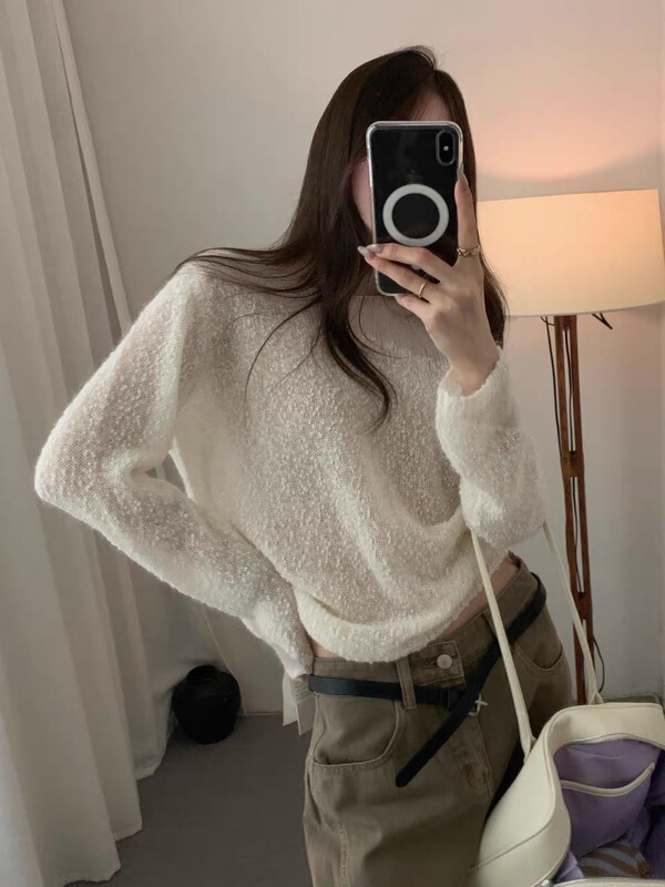 2026 Autumn New Beanie Sandalwood Knit Sweater, Slightly See-Through, Soft and Textured, Loose and Lazy Style, Thin Long-Sleeve Wool Sweater for Women