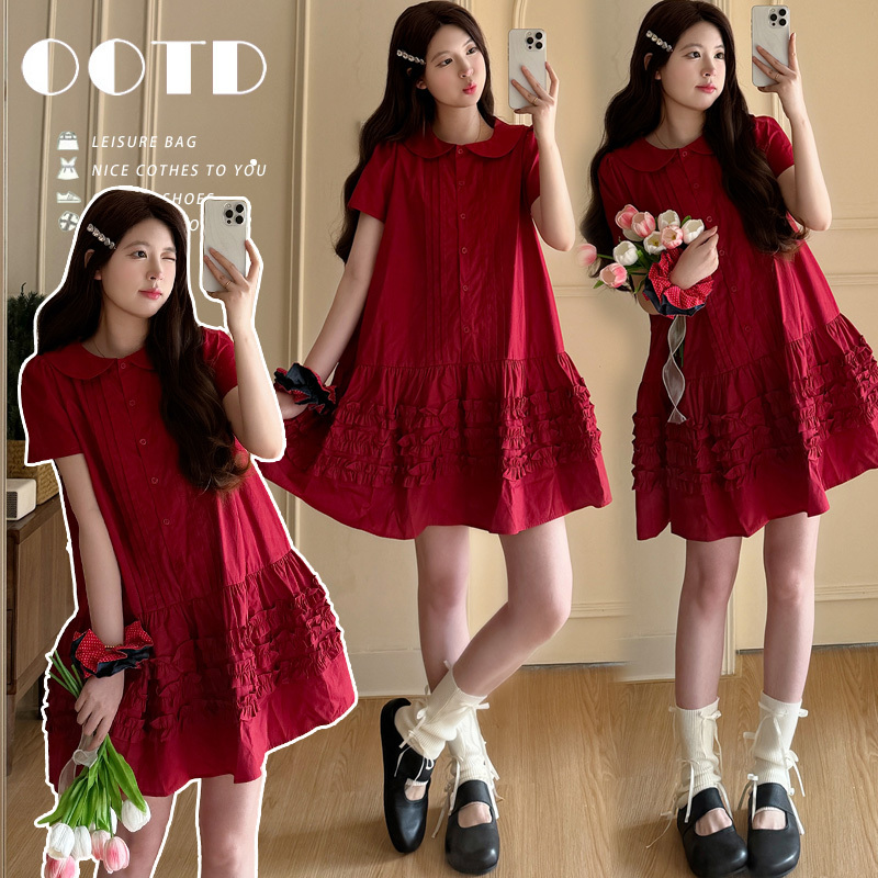 Maternity Wear 2026 Summer New Style Age-Reducing Fashionable Doll Collar Red Ruffle Edge Elegant Sweet Dress