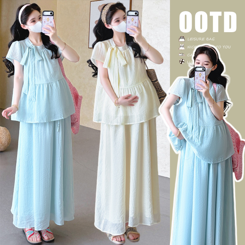 Maternity Wear 2026 Summer New Style French Fashion Sweet Lace-Up Babydoll Top + Skirt Stylish Set Maternity Wear 2026 Summer New Style French Fashion Sweet Lace-Up Babydoll Top + Skirt Stylish Set
