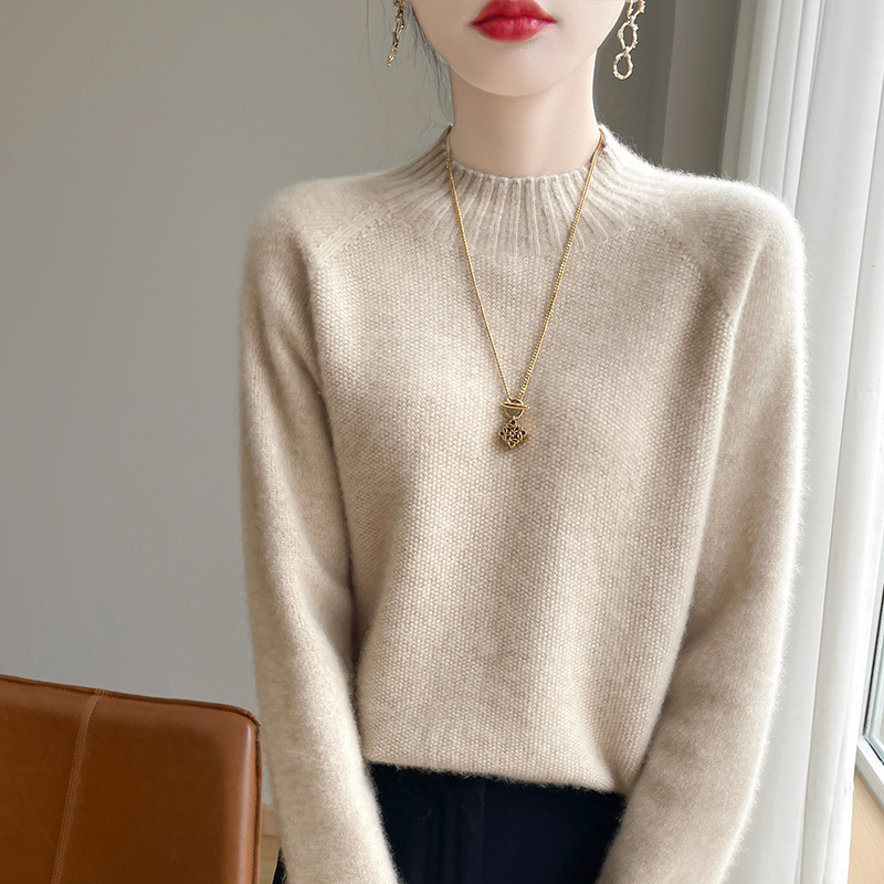 New Autumn and Winter Wool Sweater for Women, Solid Color Pullover, Loose Half-Turtleneck, Long-Sleeved Top, Wool Knitted Base Shirt