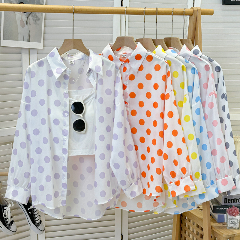 Sun Protection Shirt for Women in Summer, Thin, Breathable, Fashionable and Versatile, Loose Version, Polka Dot Design, Printed Long-Sleeved Shirt Jacket Sun Protection Shirt for Women in Summer, Thin, Breathable, Fashionable and Versatile, Loose Version, Polka Dot Design, Printed Long-Sleeved Shirt Jacket