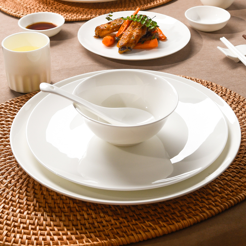 Pure White Bone China Rice Bowl and Saucer, Special Tableware for Hotels and Private Clubs, High-End Plate and Bowl Set for Home Use Pure White Bone China Rice Bowl and Saucer, Special Tableware for Hotels and Private Clubs, High-End Plate and Bowl Set for Home Use