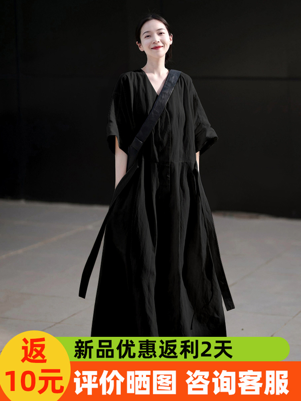 French High-End Black Dress Women's Waist Lace-Up 2024 Summer New Style Loose Long Skirt