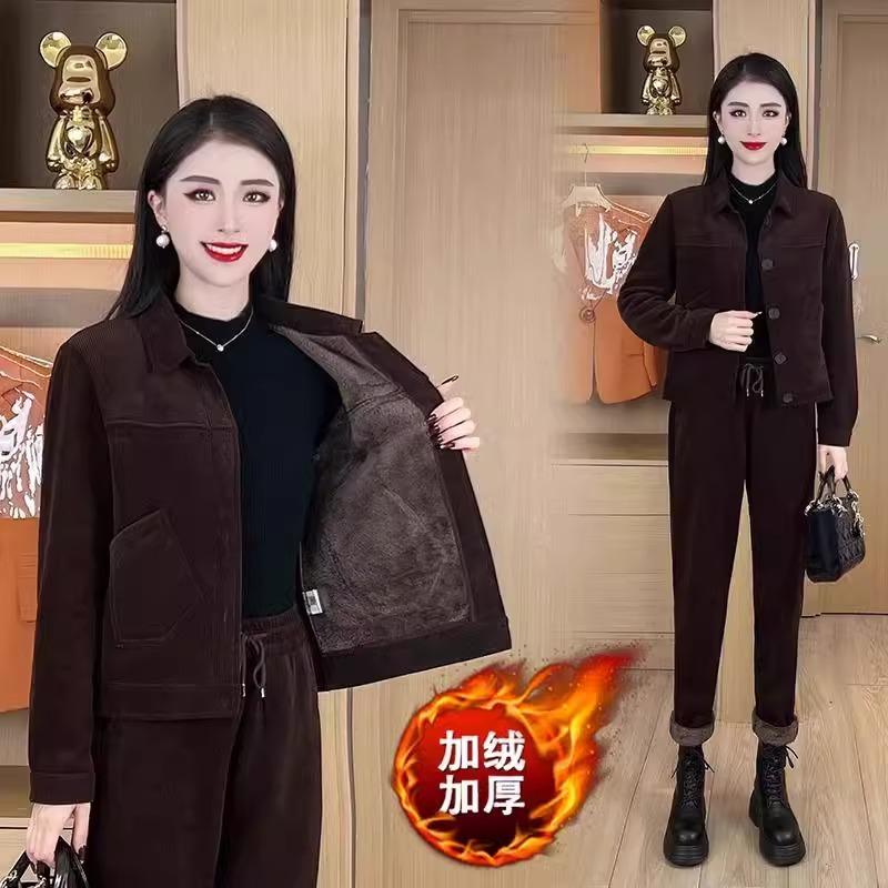 Middle-Aged and Elderly Women's Fleece-Lined and Thickened Casual Suit, 2026 Winter New Style, Stylish and Warm Corduroy Two-Piece Set