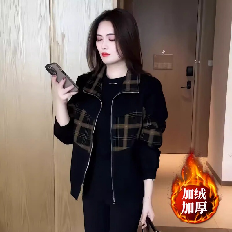 2025 Autumn/Winter New Patchwork Jacket Top Fashionable Slimming Casual Stylish Versatile Age-Reducing Fleece-Lined Warm Coat