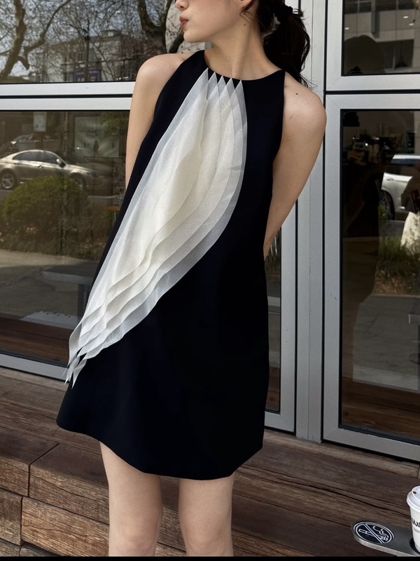 [in Stock] 26 Summer Black and White Patchwork Sheer Sleeveless Vest A-Line Dress Elegant Hepburn Style Little Black Dress