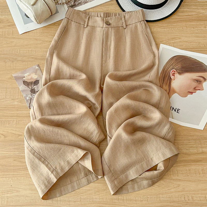 Khaki Tencel Linen Cropped Straight-Leg Pants for Women, Summer 2026, This Year's Popular Hot Item, Eight-Point Cotton-Linen Wide-Leg Pants