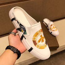 European station mens shoes 2021 New Embroidery printing bee half slippers mens leather breathable casual lazy shoes men