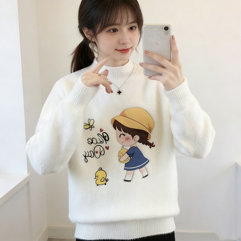 Little Girl Cartoon Pattern Embroidered Sweater for Girls, Autumn and Winter Fleece-Lined and Thickened, Suitable for Middle and High School Students as an Inner Layer or Base Shirt Little Girl Cartoon Pattern Embroidered Sweater for Girls, Autumn and Winter Fleece-Lined and Thickened, Suitable for Middle and High School Students as an Inner Layer or Base Shirt
