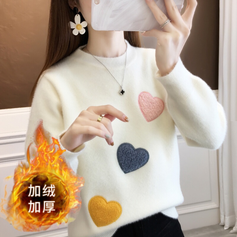 Heart-Pattern Jacquard Fleece-Lined Thick Sweater for Girls, New Autumn and Winter Style for High School and Middle School Students, Stylish Inner Wear Top Heart-Pattern Jacquard Fleece-Lined Thick Sweater for Girls, New Autumn and Winter Style for High School and Middle School Students, Stylish Inner Wear Top