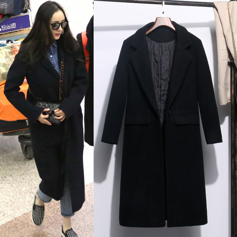 Star with 2021 autumn and winter New black cocoon type cashmere woolen coat medium long version thick woolen coat women