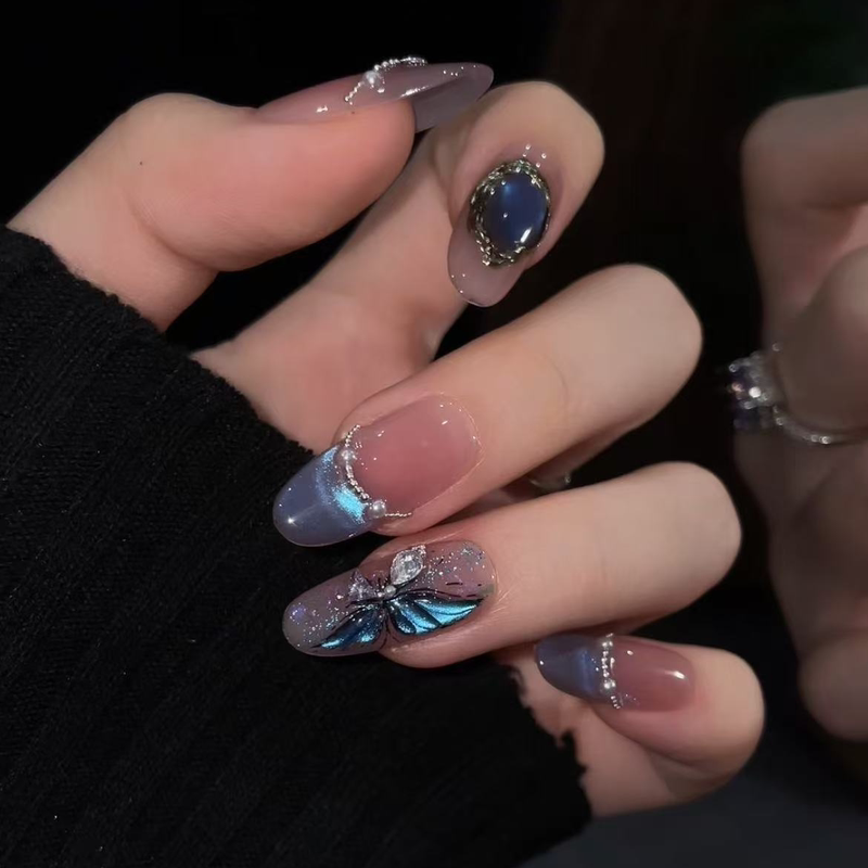 【Swallowtail Butterfly】Handmade Wearable Nail Art Set of 10 Pieces Blue Butterfly Zircon Diamond French Style High-End Feel