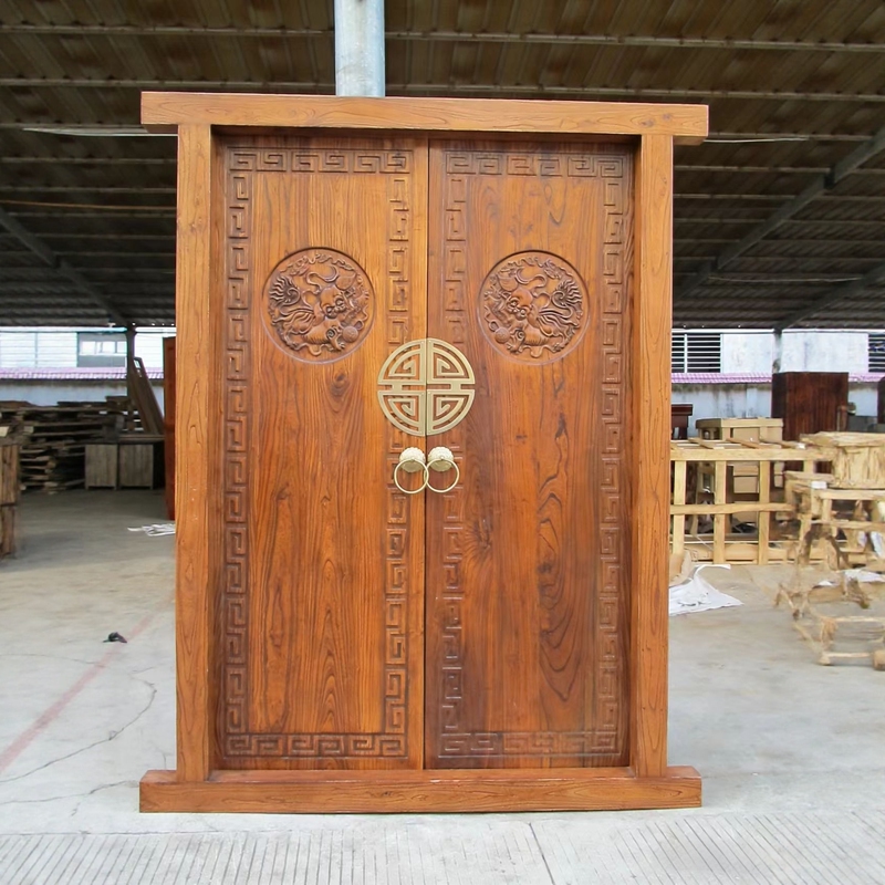 Solid Wood Door, Elm Chinese-Style Double-Door Courtyard Villa Pineapple Lattice Antique Door, Rural Country Entrance Door
